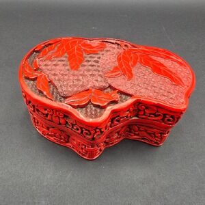 Vintage Red Cinnabar Carved Lacquer Trinket Box Floral Leaf Design Red Black